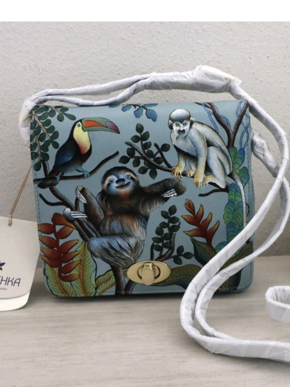 Anuschka Light Blue Jungle Animal Print Shoulder Bag..SLOTH BAG WITH STORAGE BAG
